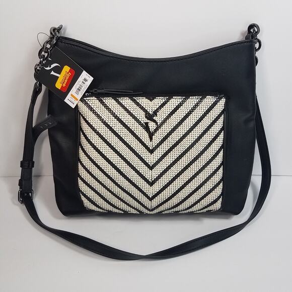 Simply Vera Wang Crossbody Purse Black White Stripes w/ Chain Accent Strap - Picture 1 of 8